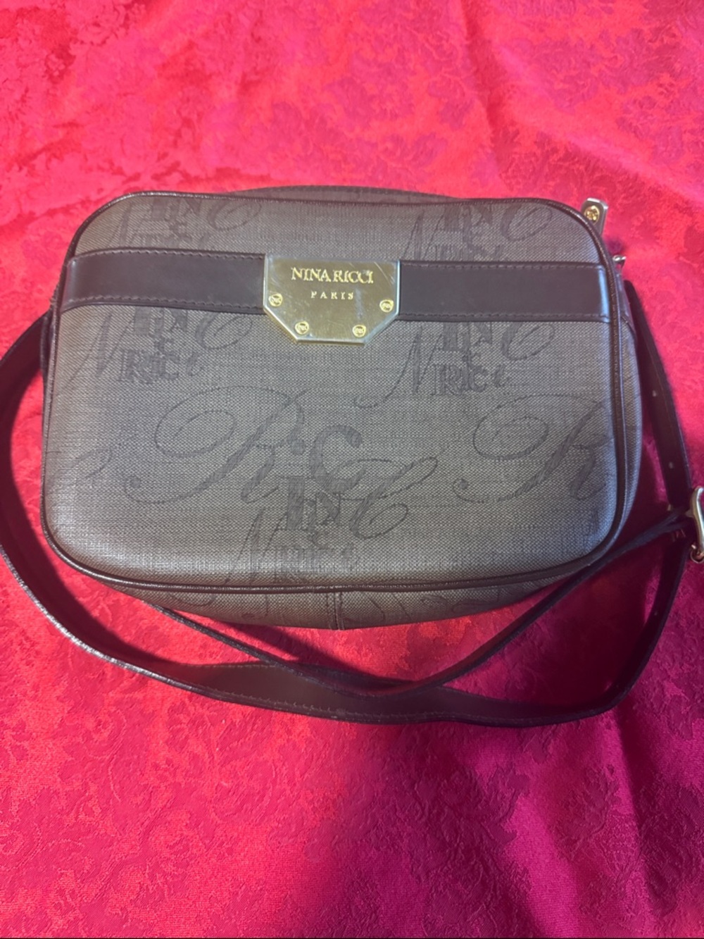Vintage Nina Ricci Dark Brown Monogram Crossbody Bag.  Needs strap repaired